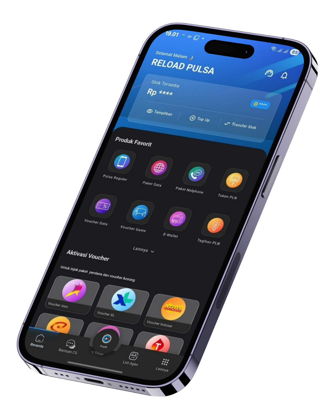 Tampilan aplikasi Reload Pulsa di smartphone