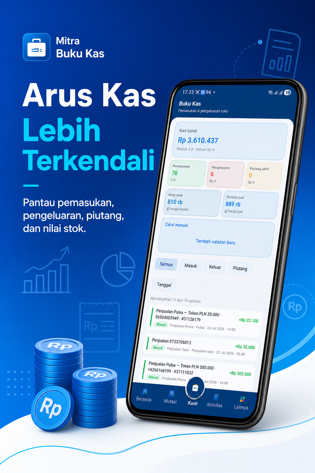 Tampilan buku kas Reload Pulsa