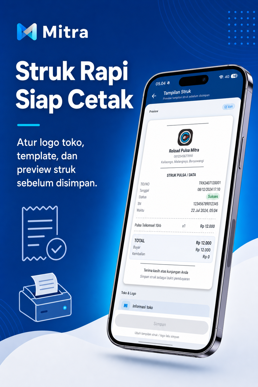 Tampilan struk Reload Pulsa